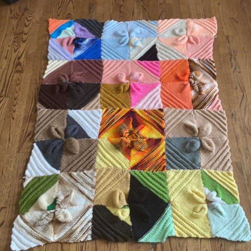 VINTAGE BLANKET AFGHAN CROCHET YARN MULTICOLOR RETRO BOHO PATCHWORK FALL UNIQUE